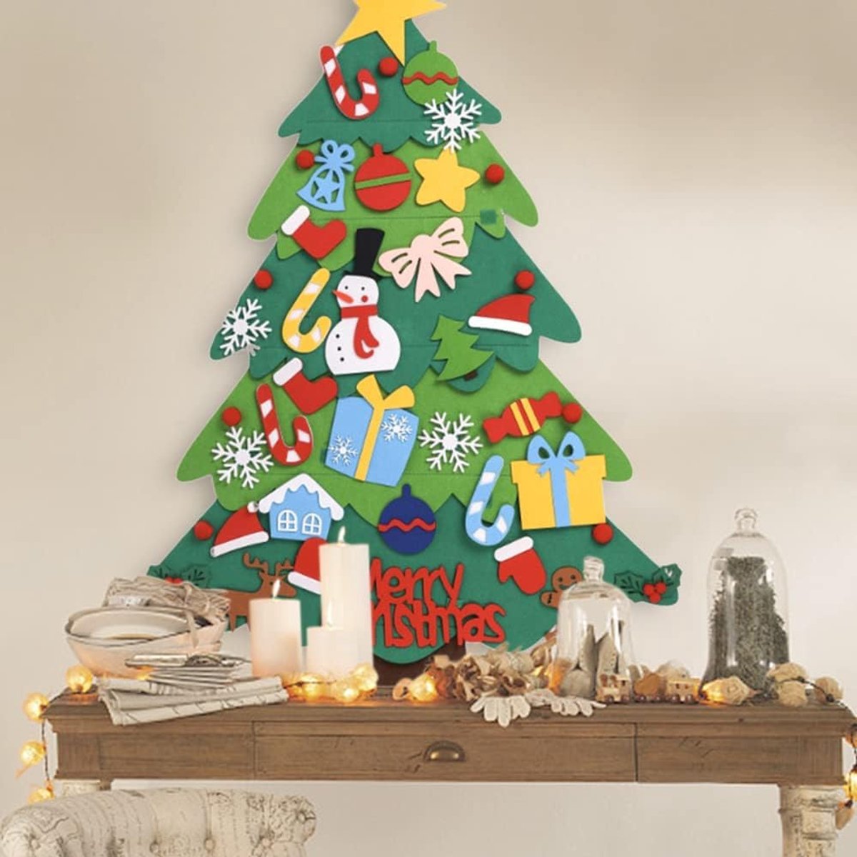 Vilten kerstboom Geschikt Voor kinderen - Ornamenten Hangende - DIY Vilt Kerstboom Geschikt Voor Kinderen - Wanddecoratie Geschikt Voor Kerst - 32 losse versieringen - Herbruikbare - DIY kerstboom decoratie - Met 3 meter lange lichtsnoeren – foto 3