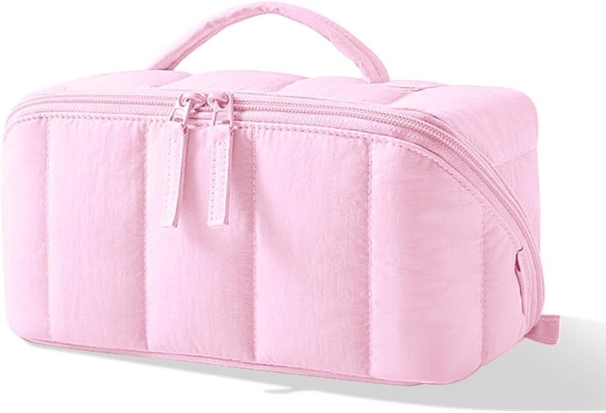 Cosmeticatas voor dames, reizen, groot, toilettas met vakken, make-uptas, waterafstotend, draagbaar, make-uptas, plat, open voor toiletartikelen, kwasten, beautycase, roze, Klassiek