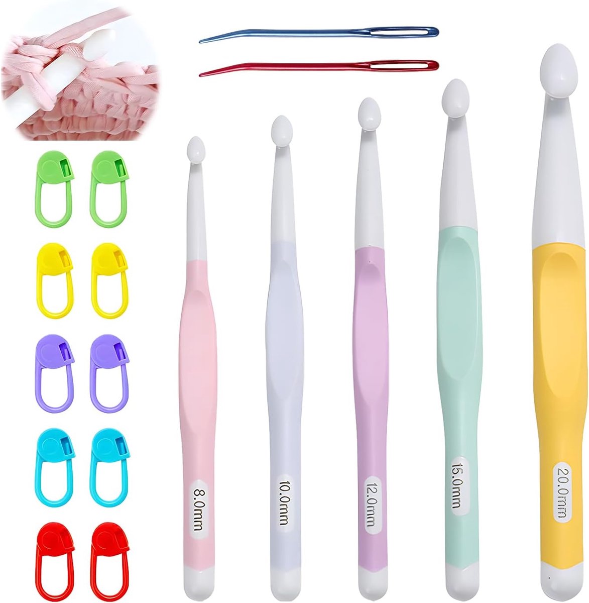 5 stuks Ergonomische Haken, Haken Breien Naalden Plastic Hoofden Grote Maat Set met Naalden en Mesh Markers Voor Koppels Breien Wol Truien En Sjaals 8 10 12 15 20 mm