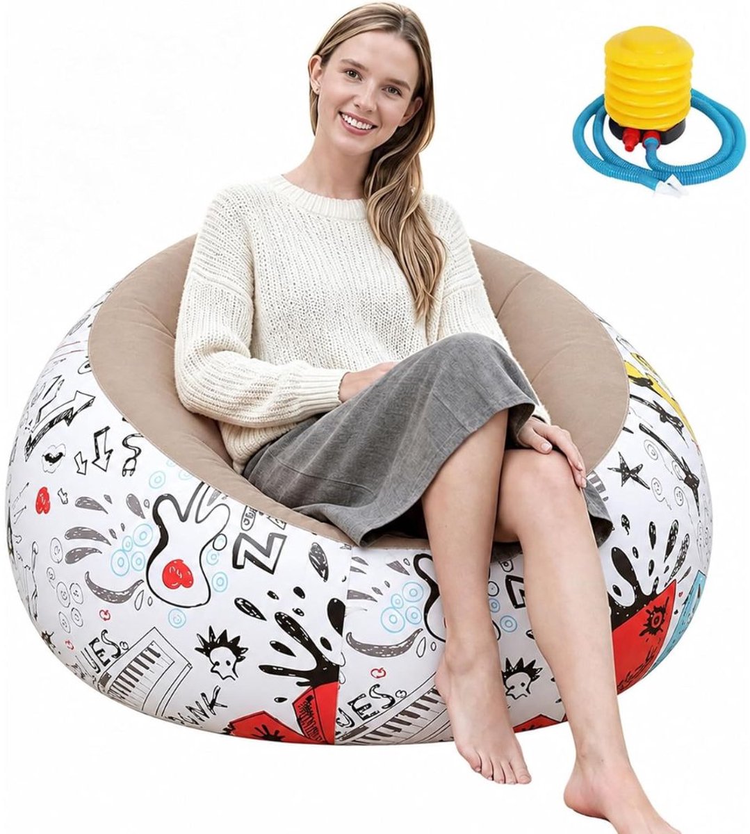 JCP® Opblaasbank - Opblaasbare Zetel - Inflatable Bean Bag Stoel - Graffiti Bruin - 10cm x 10cm x 10cm