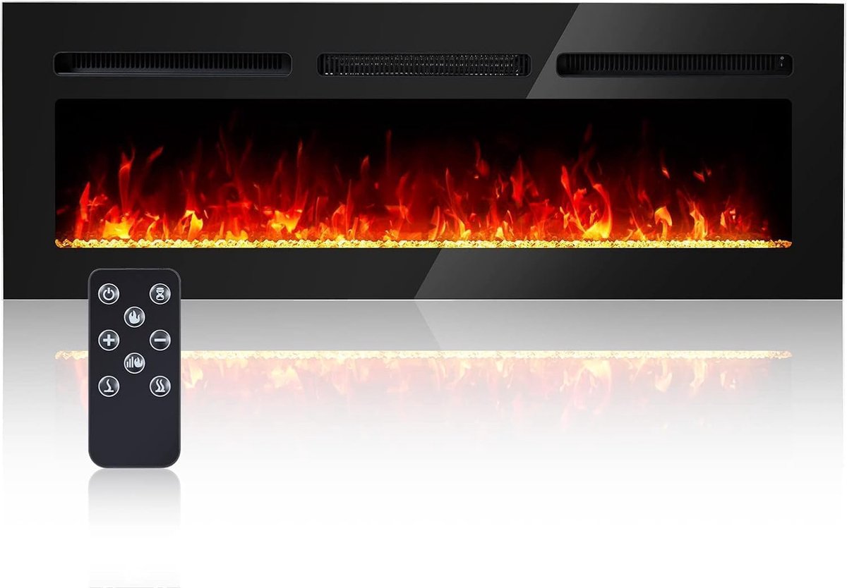 Elektrische Haard Inbouw Ultra Dun 60 Inch - 900/1800W - Afstandsbediening & Touchpaneel - 12 LED Kleuren - Alleen Vlam Modus - Gehard Zwart Glas