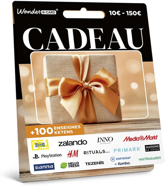 Wonder e-Card Cadeau 10€-150€. Goudkleurige strik op een cadeaupakket. Met logo's van IKEA, Zalando, H&M, Media Markt, PlayStation, Rituals, Inno en meer.
