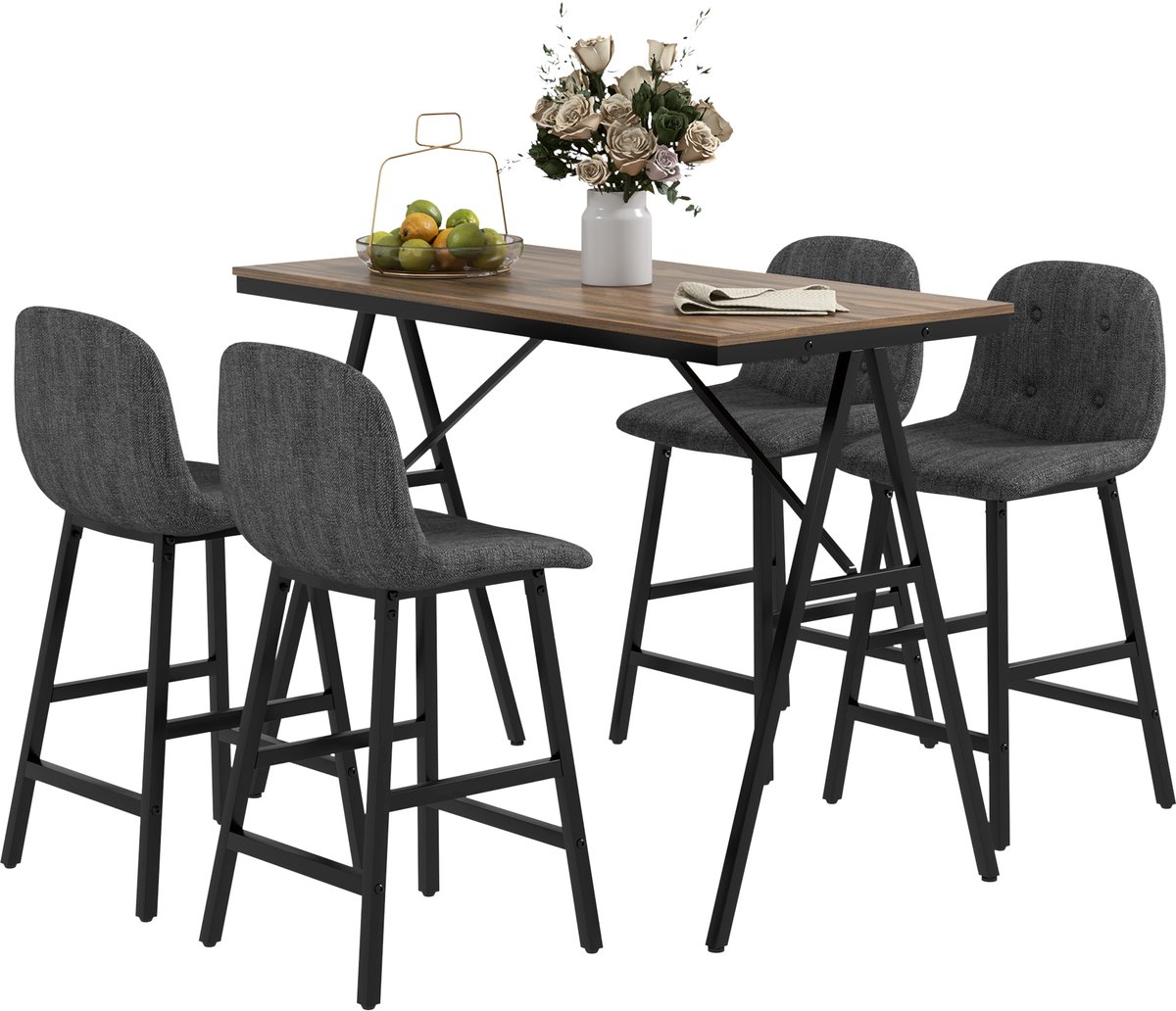 Barset - 5 - delig - tafel en 4 stoelen - knoopdetails - dikke bekleding - linnenlook - donkergrijs