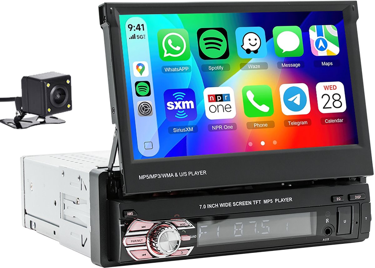 ESSGOO 1 DIN autoradio - 7" HD touchscreen handmatig opvouwbaar scherm - Apple CarPlay & Android Auto & MirrorLink - USB, AUX, TF, FM - achteruitrijcamera