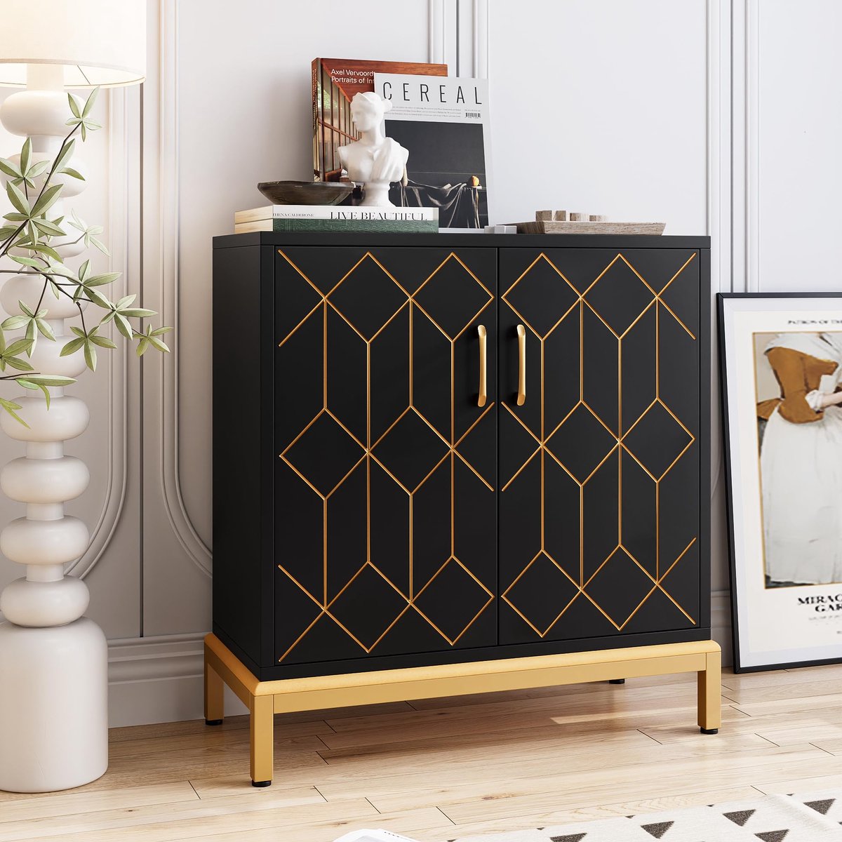 Danky - Dressoir Zwart - Met Gouden Accenten en Poten - 2 Deuren en Verstelbare Plank - 81 x 36 x 85 cm