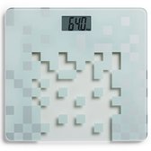 Witte digitale weegschaal met pixelpatroon en digitaal display dat 64.0 kg aangeeft.