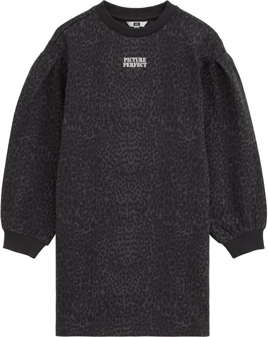 Grijze oversized sweatjurk met luipaardprint, ronde hals en 'PICTURE PERFECT'-tekst op de borst.
