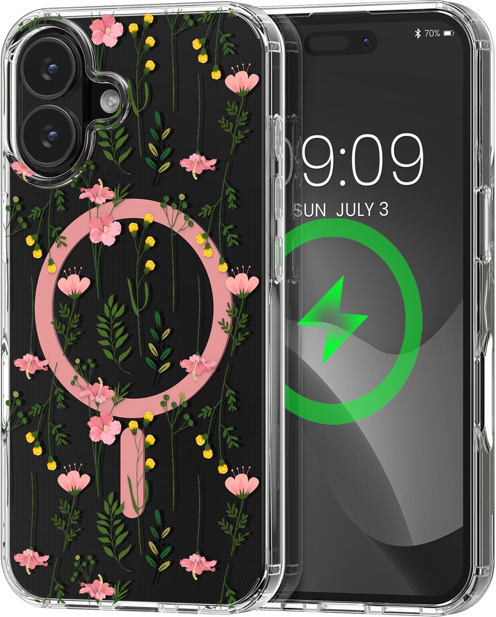 kwmobile Kristalheldere hardcase compatibel met Apple iPhone 16 Hoesje – compatibel met MagSafe – Acryl hoesje met TPU-rand – Zachte wilde bloemen design