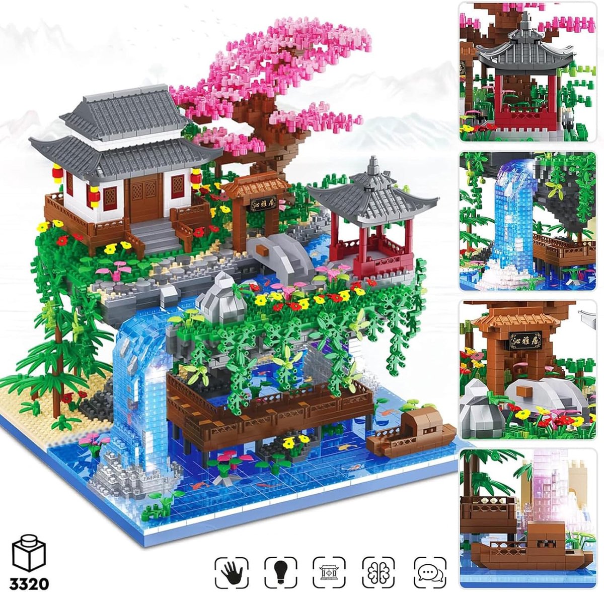 Botanische Collectie – Perzikbloesem Bouwpakket Met 3320 Microblokjes En LED – Luchteiland Met Waterval En Brug – Cadeau Voor Volwassenen En Tieners