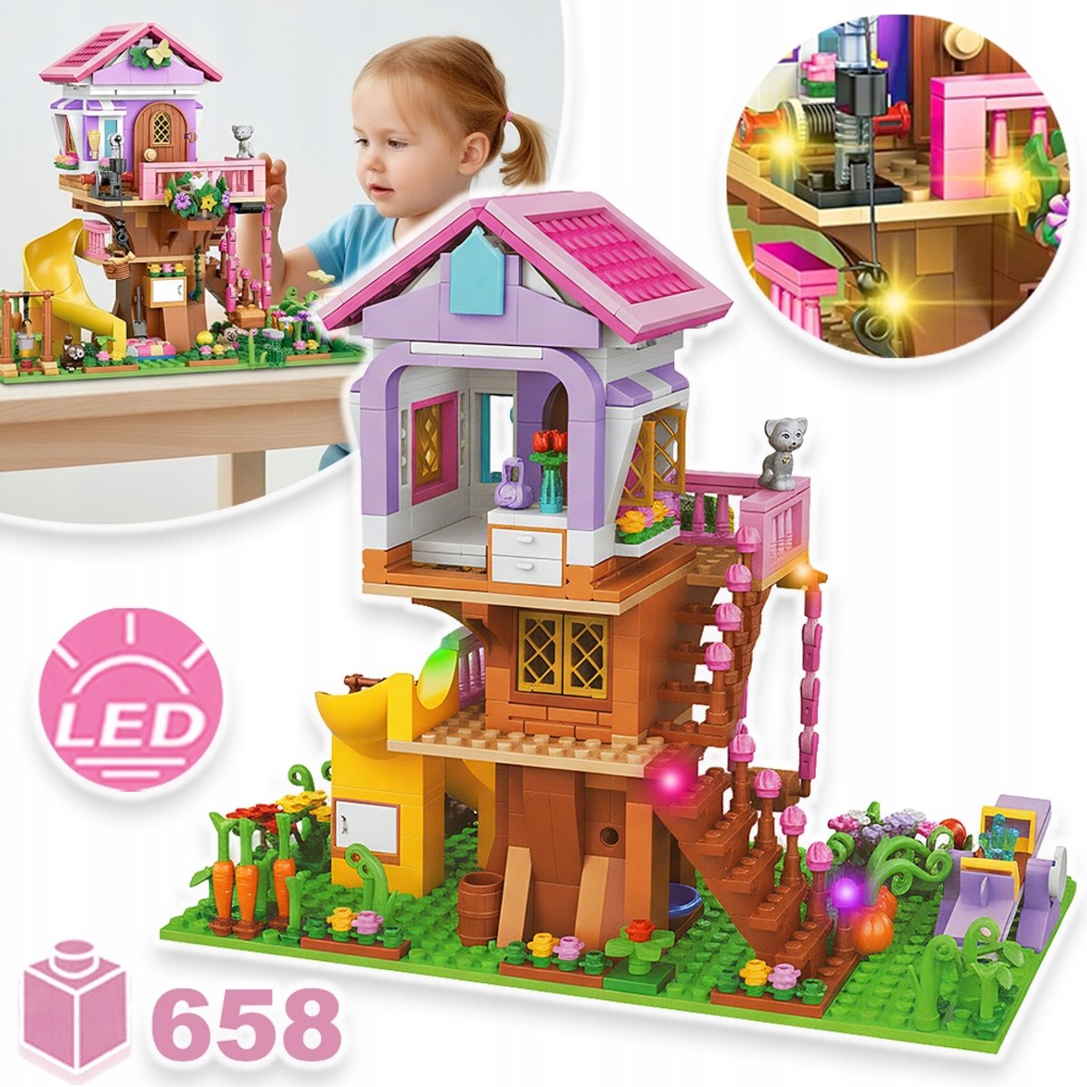 Boomhut Bouwpakket Voor Kinderen – Kleurrijke Lichtslinger, Draaiende Glijbaan En Schommelstoel – Creatief ABS Bouwpakket – Perfect Cadeau