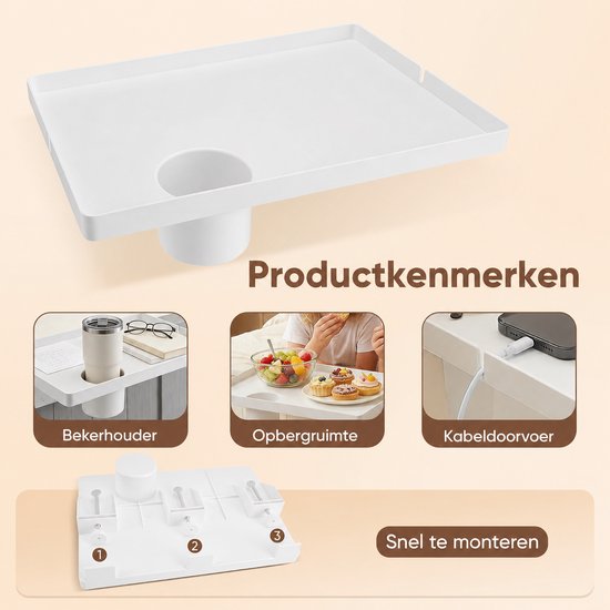 Productkenmerken: bekerhouder, opbergruimte, kabeldoorvoer. Snel te monteren.