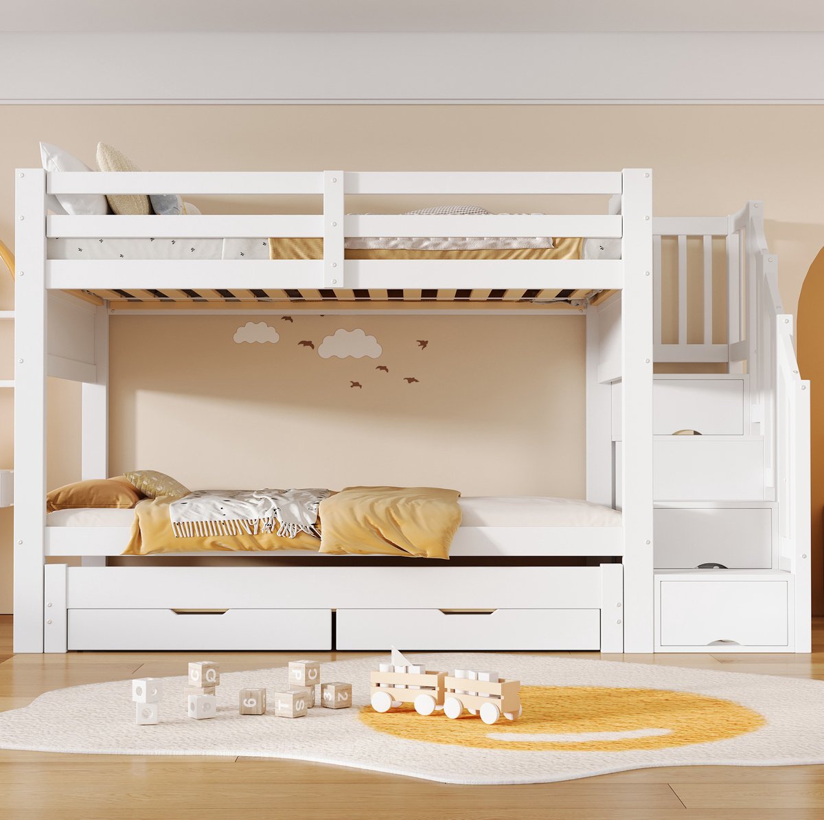 DESMIU Stapelbed 90x200 cm – Uitschuifbed Met 2 Lades En Opbergtrap – Met Kledingkast Voor Kinderkamer – MDF En Hout – Wit – Zonder Matras