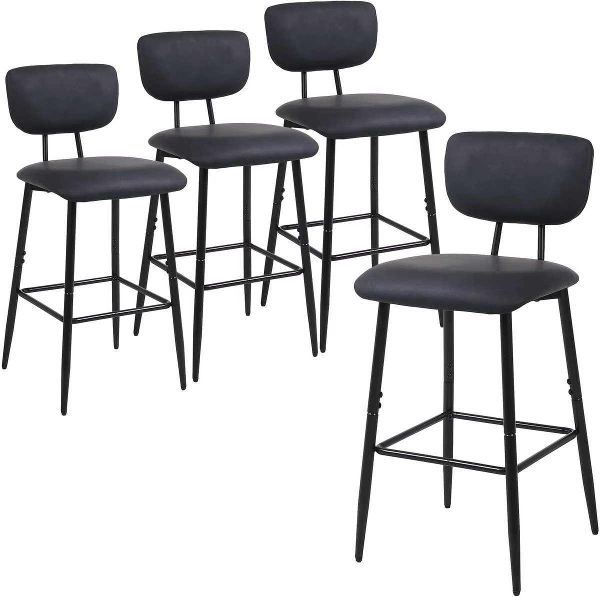 Whoopr® Set van 4 Barkrukken met Rugleuning – Zwarte Barstoelen met Leren Zitting & Metalen Frame – Keukenkrukken met Voetsteun voor Keuken & Kookeiland