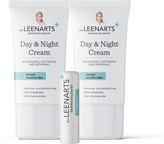 Drs Leenarts 2x Dagcrème en Nachtcrème in 1 – 2 x 50 ml met 1 lipbalm – Parfumvrij – Voedt droge & gevoelige huid