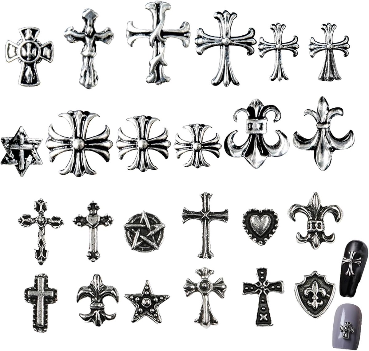 120 Pcs Silver Metal Cross Nail Charms for Nails Design, 3D Y2k Art Rivet Accessories, Halloween Jewelry Decoration - ShopVlot