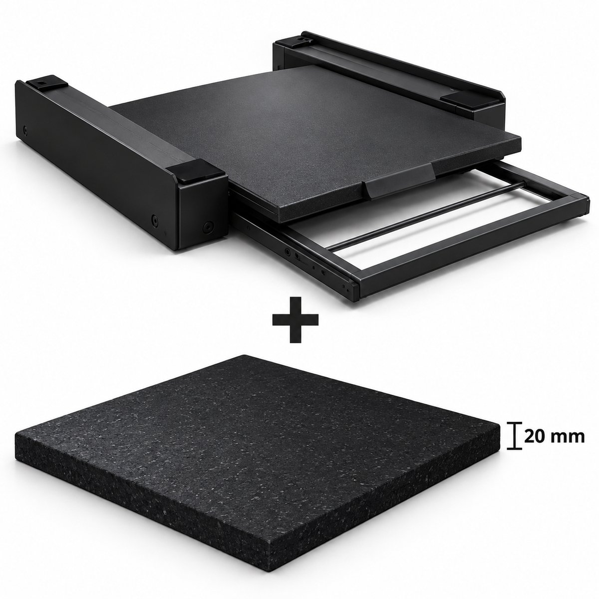ProductXpert Stacko™ - Stapelkit & Anti Trillingsmat voor Wasmachine en Droger - Tussenstuk - Uitschuifbare Plank met Handdoekhouder - Zwart- AntiSlip - Geluidsdempende Antislip Mat - 620 x 620 x 20 mm