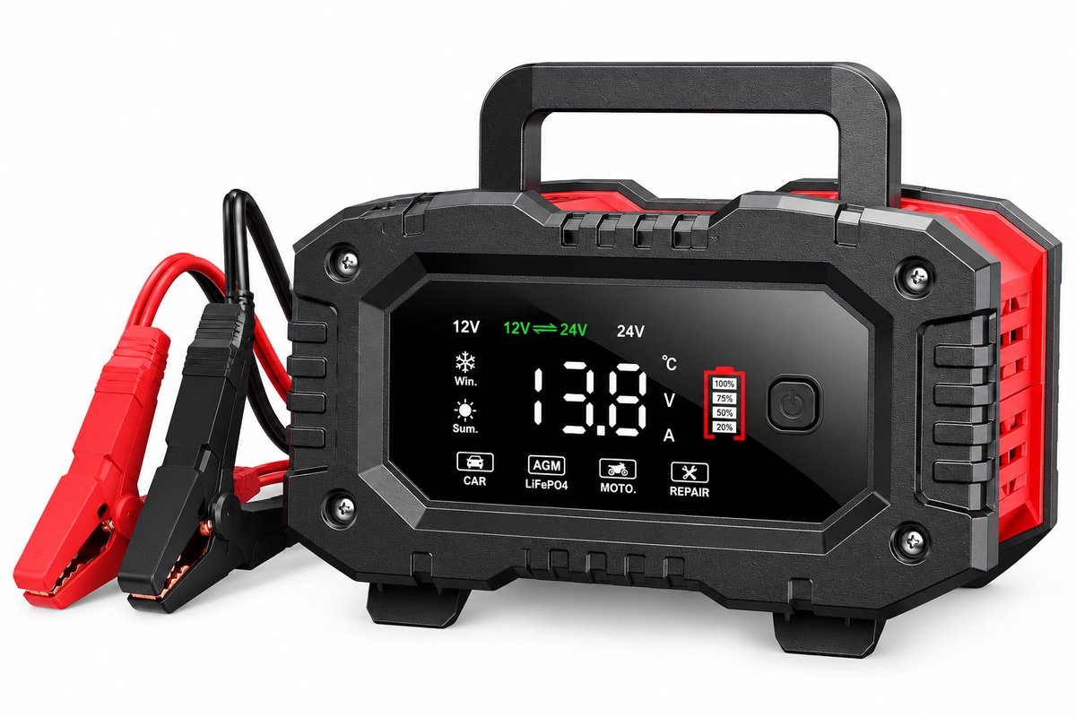 UrbanSelect Acculader - Druppellader - 12V & 24V - 20A Laadstroom - 7-fasen Laadregeling - Winter- en Zomermodus - Digitaal Display - Rood