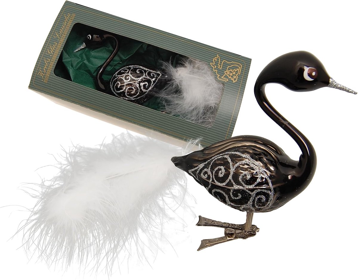 Krebs Glas Lauscha - Christmas Tree Decoration - Glass Swan - Color: Black - Size: 9cm + 5cm Real Feather - ShopVlot