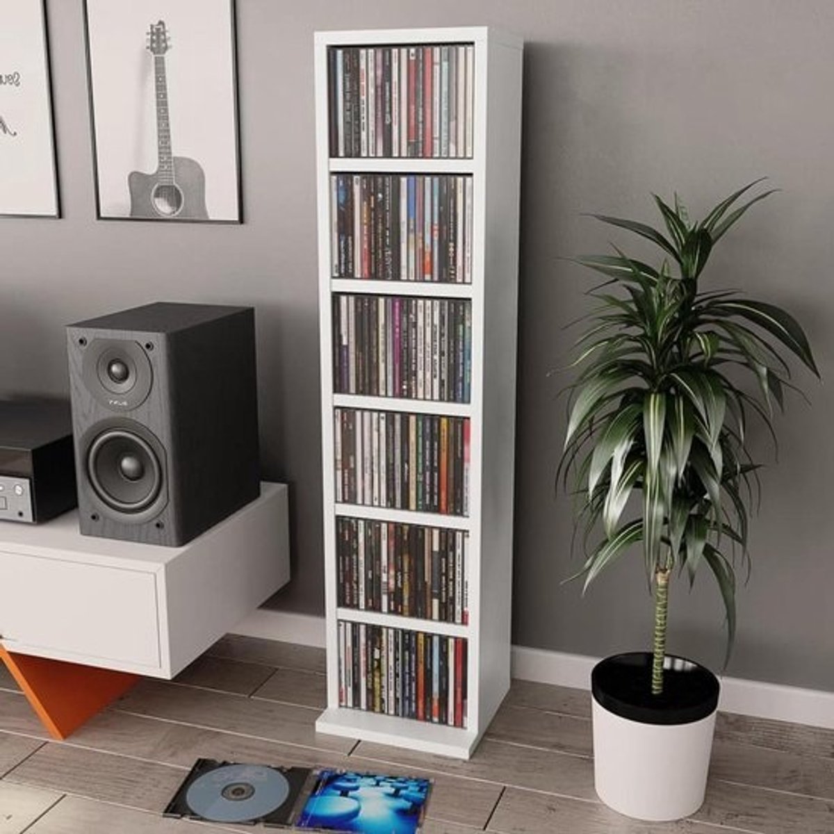 CD-meubel - CD-houderrek - Voor het organiseren van een muziekcollectie - Zes open vakken - 21 x 20 x 88 cm - Wit