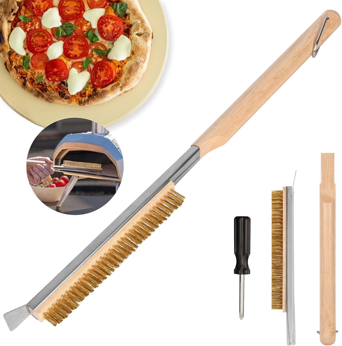 52 cm Pizza Oven Brush, Stainless Steel Spatula, Scratch-Resistant Brass Brushes, Hanging Ring, Grill Brush with - ShopVlot