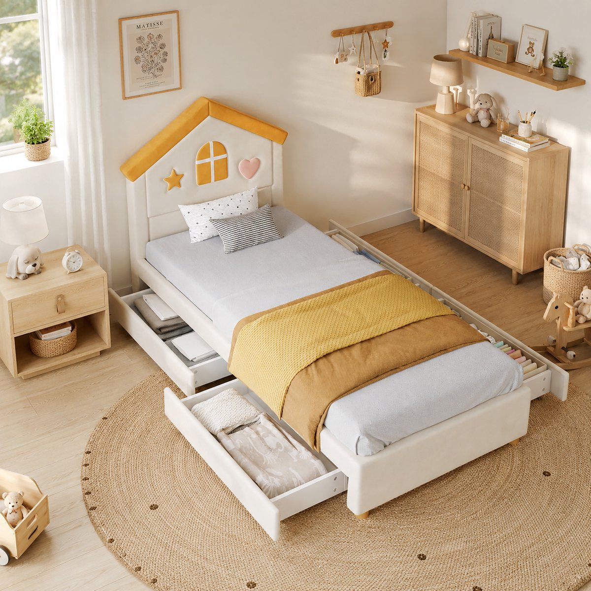 Merax Kinderbed 90 x 200 cm - huisvormig zacht bed - met 4 laden - met huisvormig hoofdeinde - beige - zonder matras