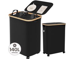 Wasmand 2 Vakken - Wassorteerder met Deksel - Dubbele Wasbox met Wielen - 140L - Laundry basket Bamboe - Incl. 4 Uitneembare Waszakken & 5 Labels – Zwart