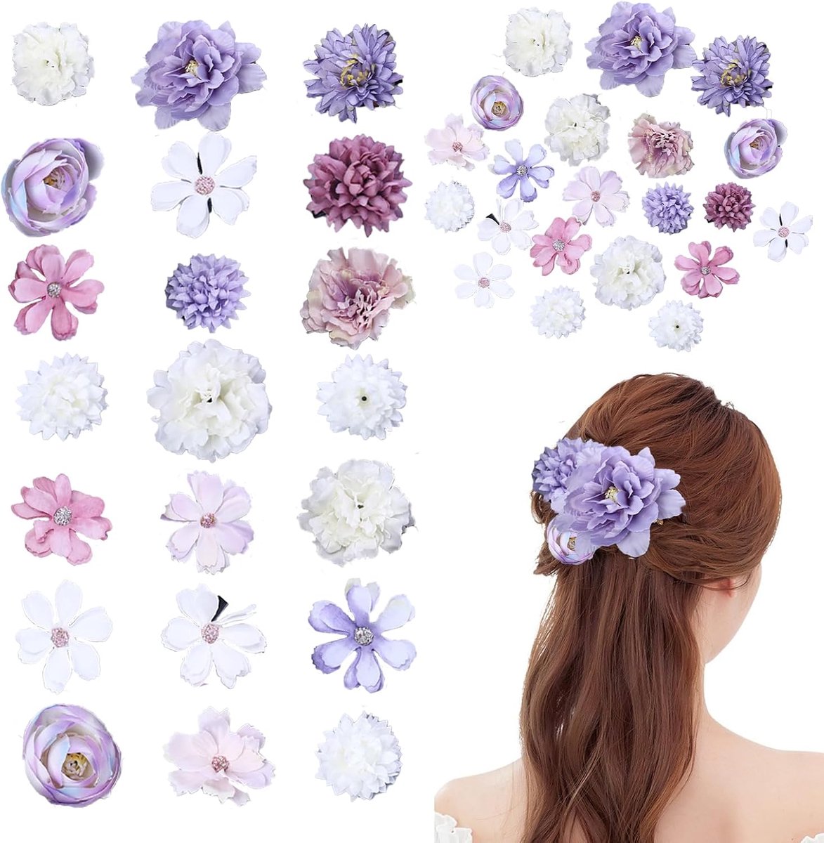 Haarspeld, 21 stuks meerkleurige bloemen haarclips, kunstmatige bloesem haarclip, bloemen haarsieraad voor feest, strand, bruiloft, evenementdecoratie (paars-wit)