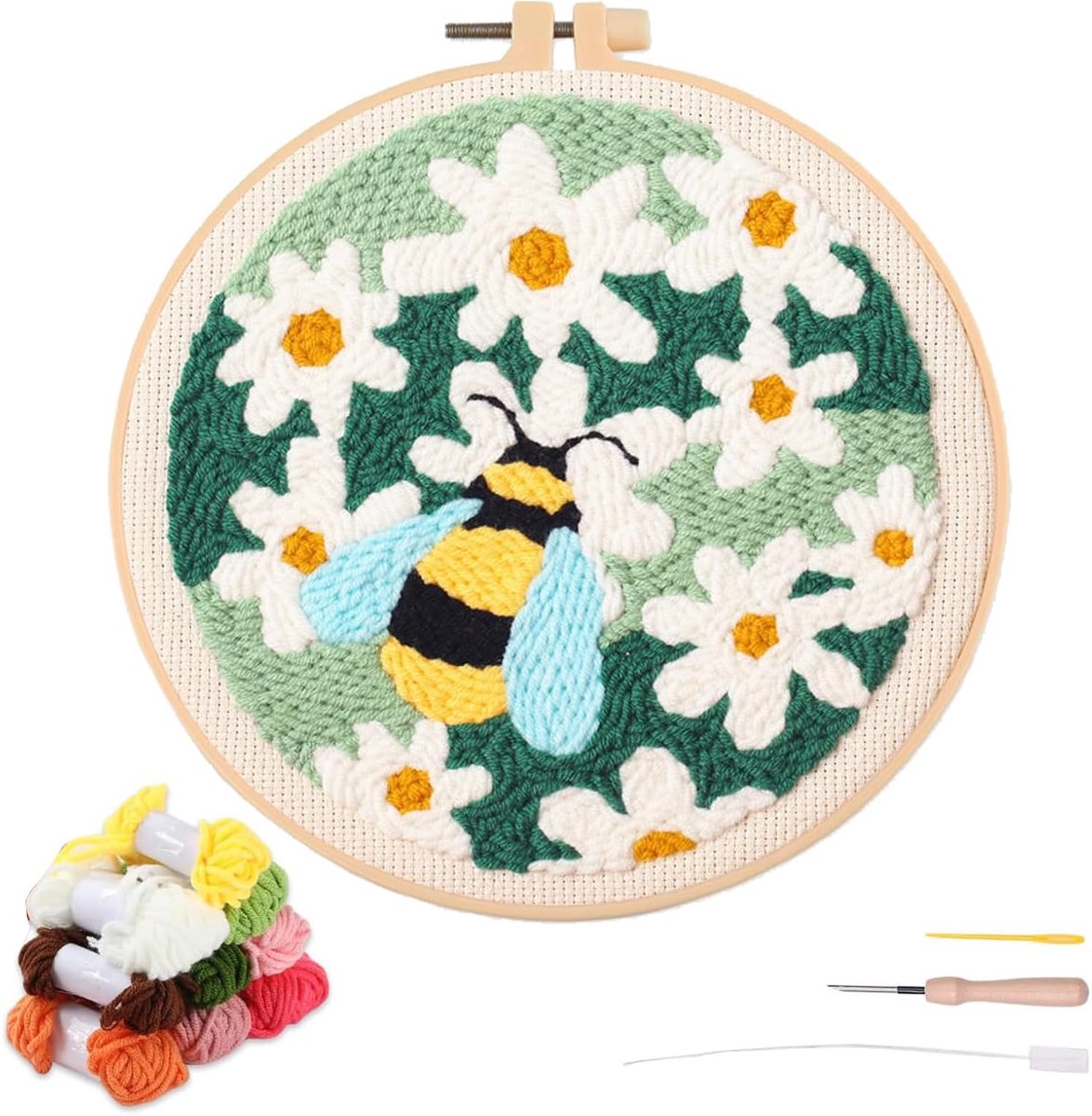 Artcici Punch Naaldset voor beginners met bloem bijpatroon gereedschap en garen, eenvoudig borduurwerk tapijt haken set (groen)