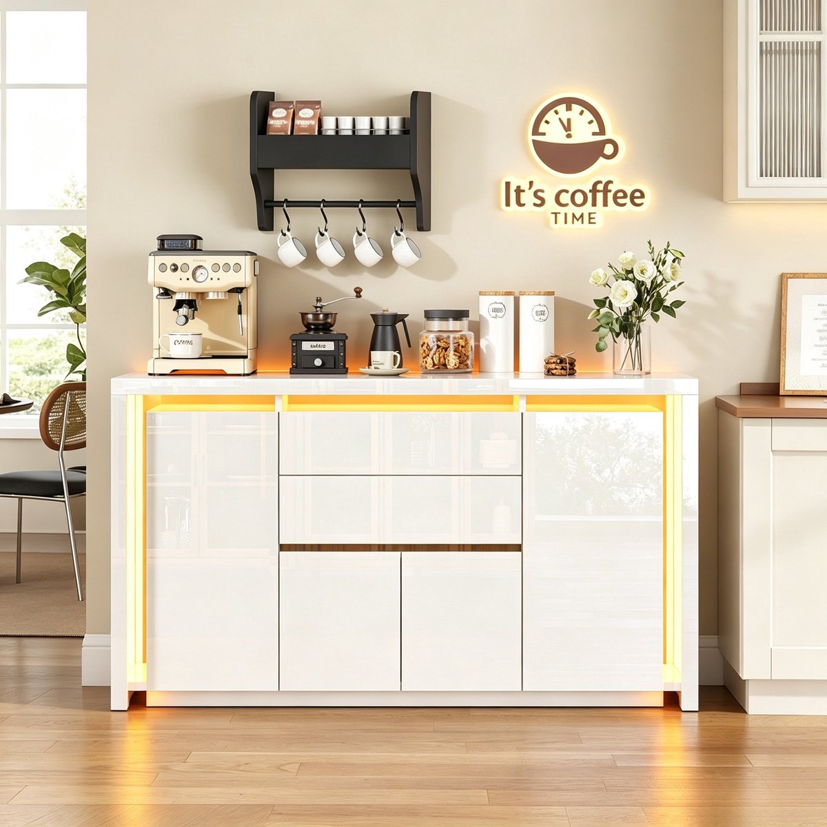Dressoir 160x35x75 cm, buffetkast met 4 deuren en 2 lades, keukenkast met LED-verlichting, hoogglans front, opbergkast, MDF, wit