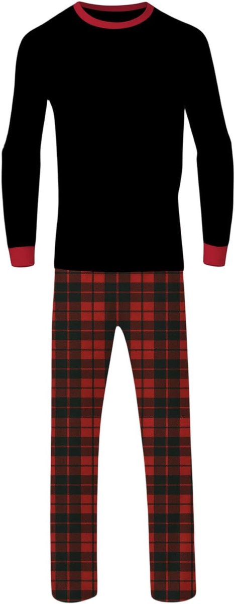Herenpyjama met lange mouwen, speelse familiestijl, zwarte top met rode bies, broek, ronde hals, zachte lichte nachtkleding voor ontspannen slapen en loungen, ideaal thuis