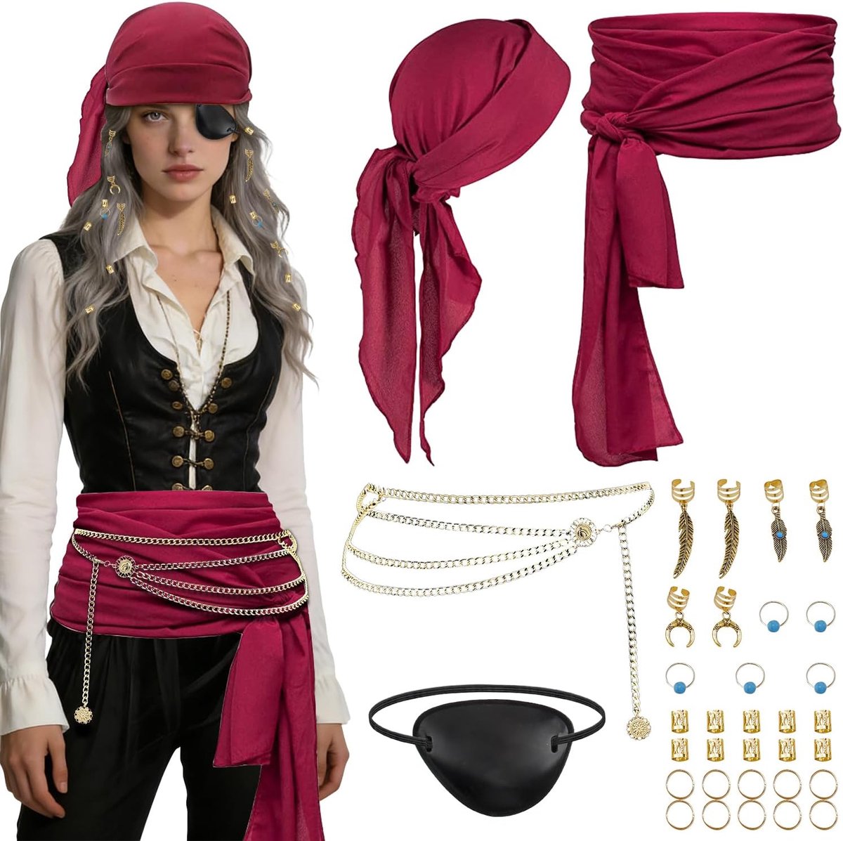 4 stuks piratenkostuum voor heren, accessoire-piratenketting, piratenriem, rode hoofddoek, piraat, oogklep voor carnaval, cosplay, Halloween (piratenkostuum heren)
