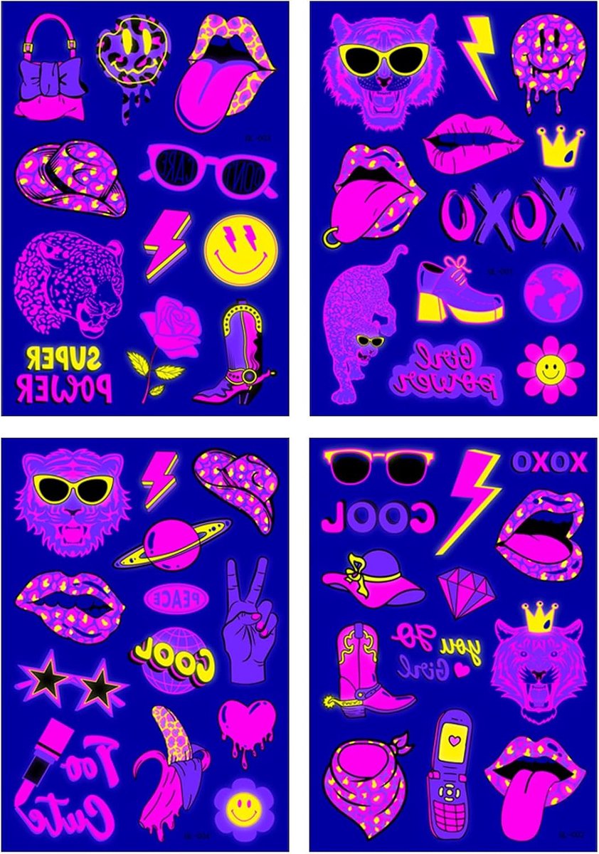 Neon Festival Tatoeages, 4 Vellen Gezichtstattoo, Fluorescerende Tijdelijke Tatoeages in Donker, Kleurrijke Tattoostickers, Flash UV Fake Waterproof Tattoo Stickers voor party