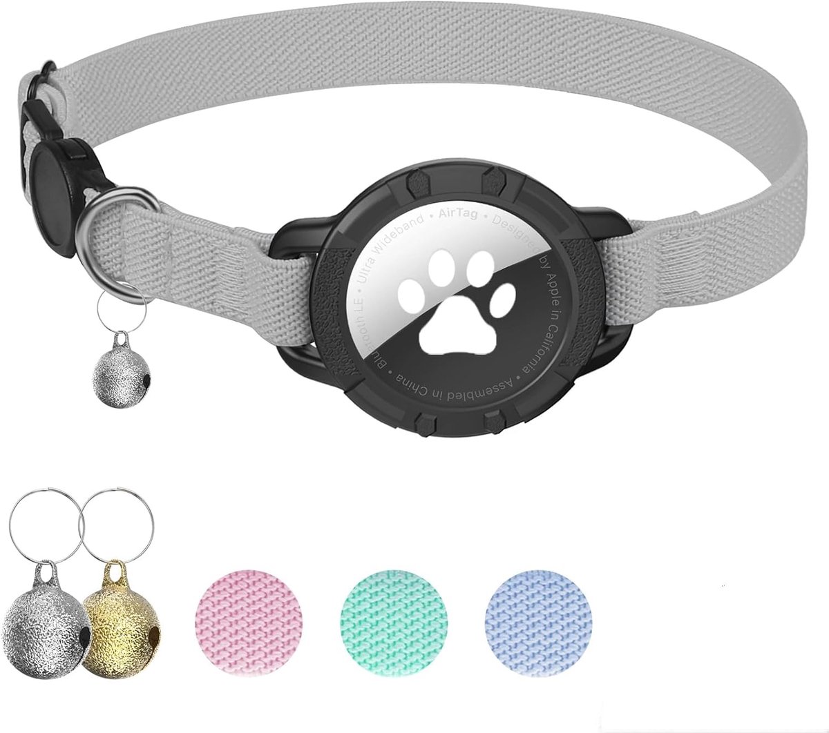 Kattenhalsband, Rekbare Kattenhalsband voor Katten met Veiligheidssluiting, Air Tag-Beschermhoes en Belletje, Licht en Comfortabel, voor Katten, Kittens en Puppy's (Grijs)