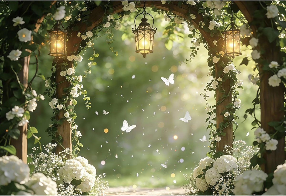 2,2 x 1,5 m Bloem Boog Achtergrond Dromerige Bloemen Vlinder Meisje Verjaardag Bruiloft Fotografie Achtergronden Baby Doop Bruids Douche Taart Tafel Decoraties Volwassen Portret Foto Prop