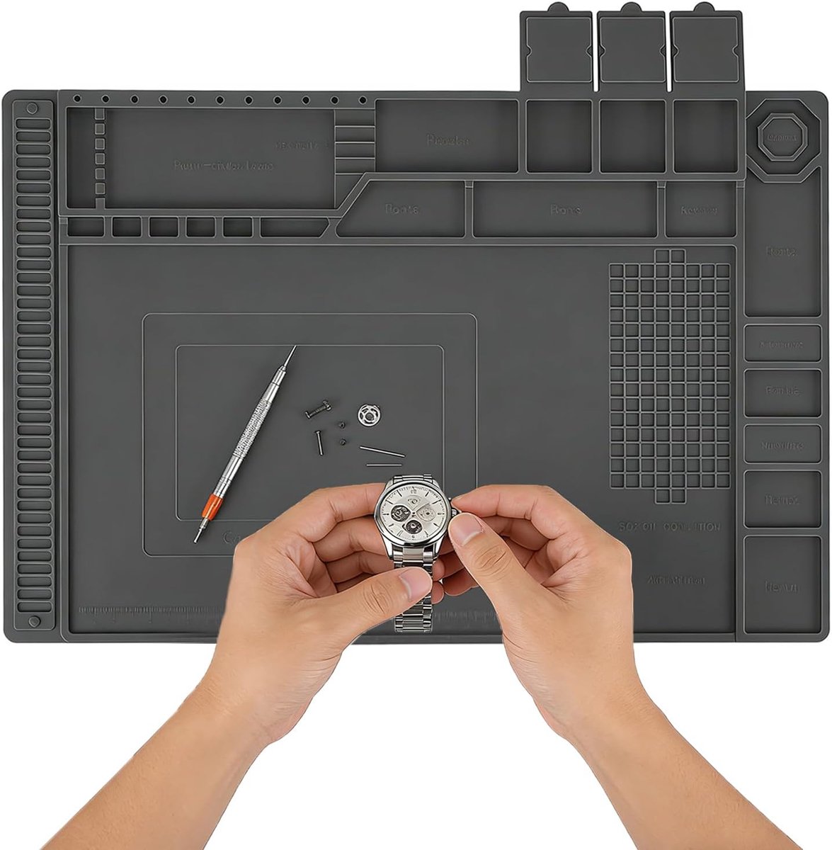 Siliconen, 45 x 30 cm, magnetische soldeermat, soldeermat met schaal, werkmat voor solderen, reparatie van elektronica, soldeerreparatie, grijs