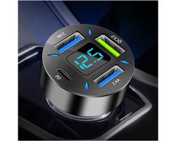 4-Poorts USB-C Autolader - PD 3.1 & QC 3.0 Snellader - LED Voltmeter - Geschikt voor iPhone 14/13/12, Samsung Galaxy S22/S21/S20 & iPad Pro - Voor Auto & Vrachtwagen - Zwart