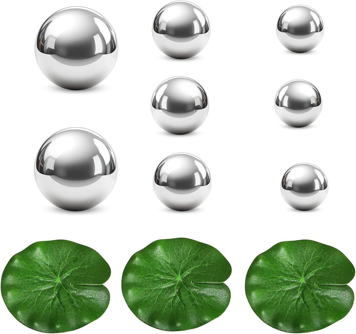 Set van 8 roestvrijstalen decoratieve ballen, zilveren spiegelbal met 3 drijvende lotusbladeren, drijvende ballen, 3 maten, 2,5 cm tot 6 cm, voor mini-vijver, decoratie, tuin, vijverdecoratie