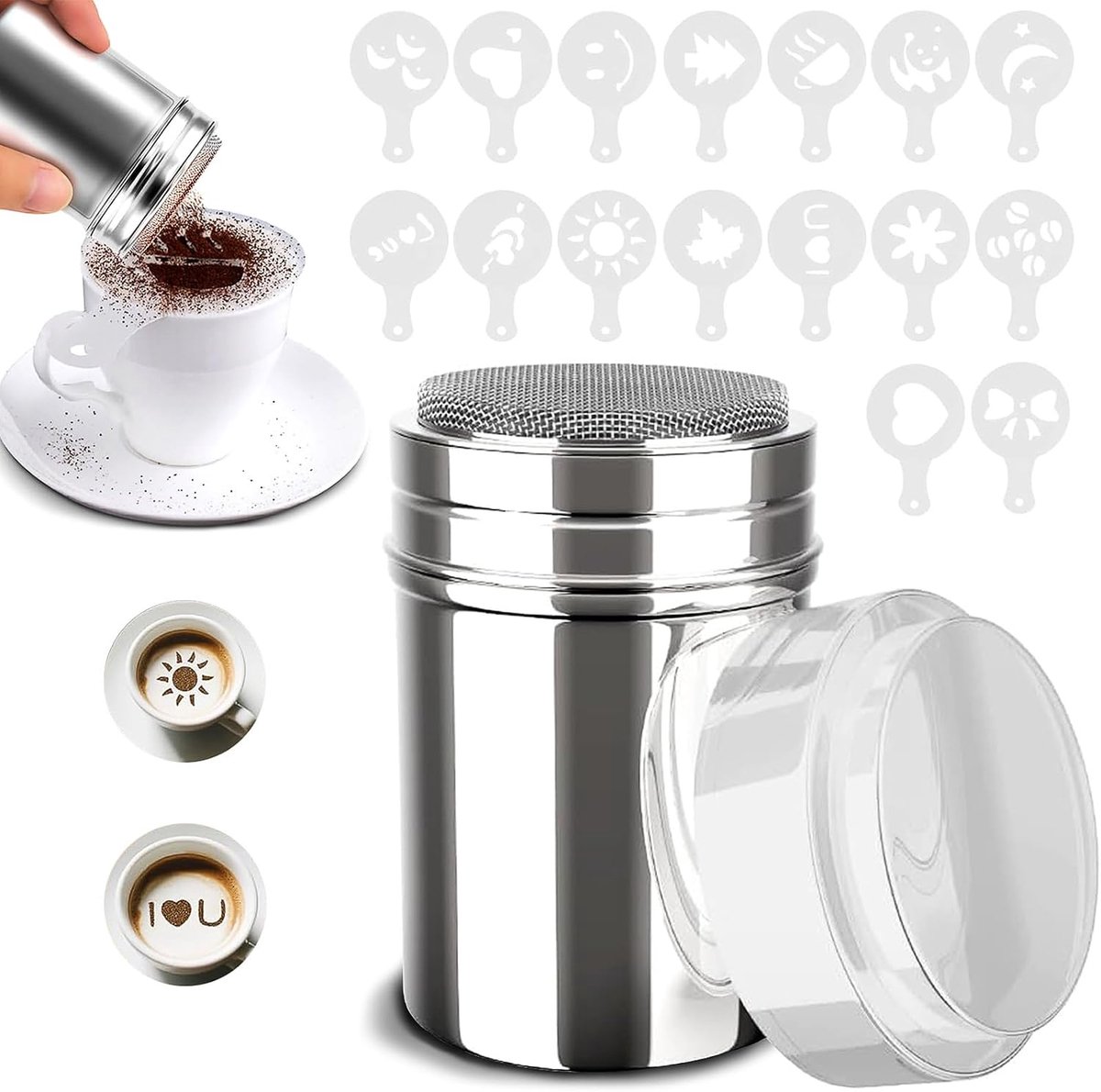 Cacaostrooier met 16 stuks koffiesjablonen, roestvrij staal, cacaostrooier, koffiegadgets poedersuiker strooier, cacao strooier, cappuccino zeefstrooier, koffieaccessoires voor warme chocolade
