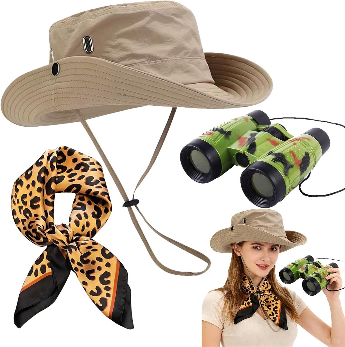 Safarikostuum voor dames, opvouwbare zonnehoed, archeoloogkostuum, Halloween-kostuum, vissershoed/telescoop/nekband, safarikleding voor dames