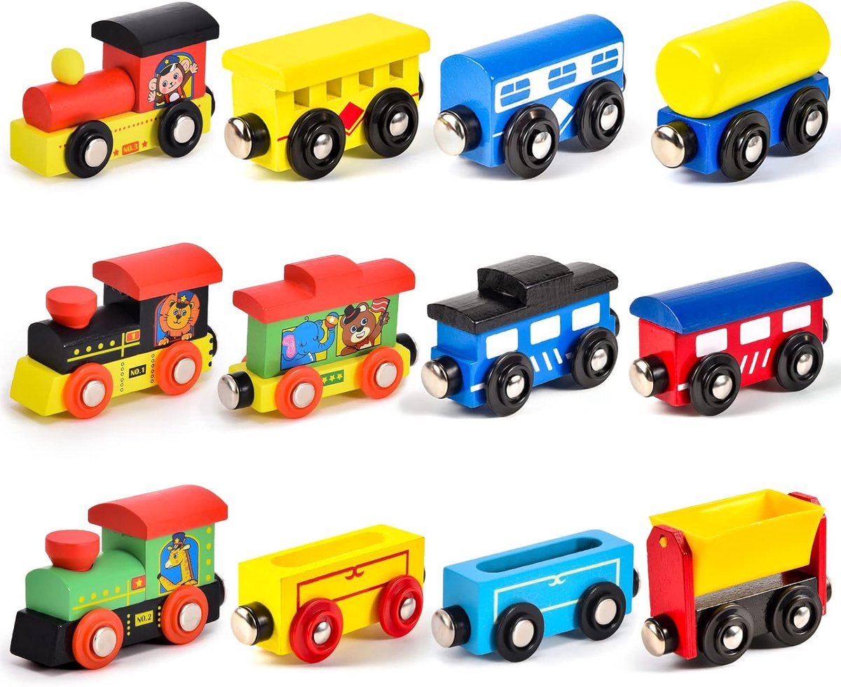 Montessori Houten trein, set van 12 stuks, houten speelgoed, babyspeelgoed, motoriekspeelgoed, treinvoertuigen, cadeau voor kleine kinderen, jongens en meisjes van 3 tot 8 jaar