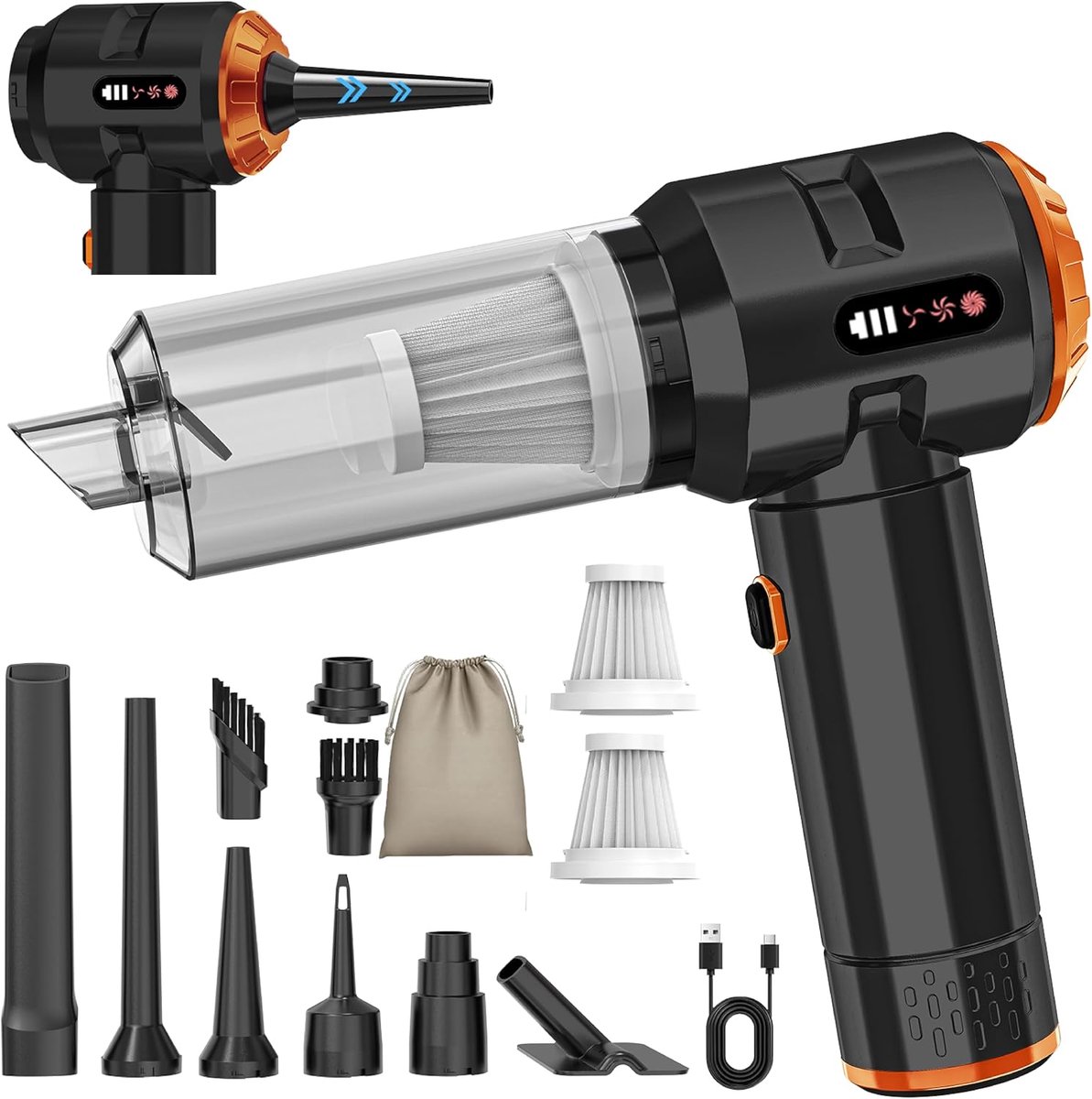 4-in-1 accu-handstofzuiger, 22000 Pa, draadloos met borstelloze motor en persluchtmondstuk, 220.000 omw/min, voor dierenharen, auto, huishouden, kantoor, computer, zwart