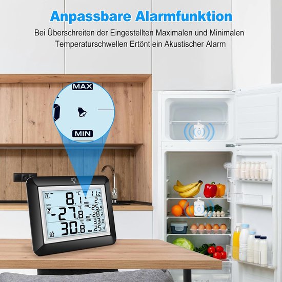 Koelkastthermometer, digitaal met alarm, vriesthermometer met 100 m bereik, achtergrondverlichting, -40 °C tot 60 °C meting, max/min waarden, geschikt voor keuken en restaurant — afbeelding 4