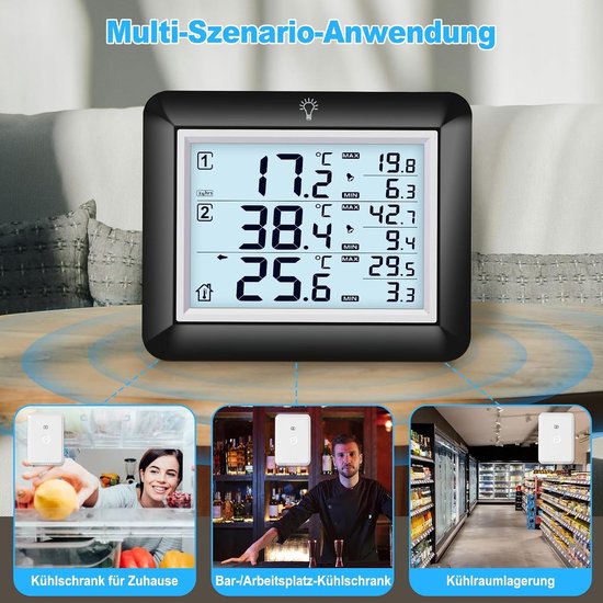 Koelkastthermometer, digitaal met alarm, vriesthermometer met 100 m bereik, achtergrondverlichting, -40 °C tot 60 °C meting, max/min waarden, geschikt voor keuken en restaurant — afbeelding 2