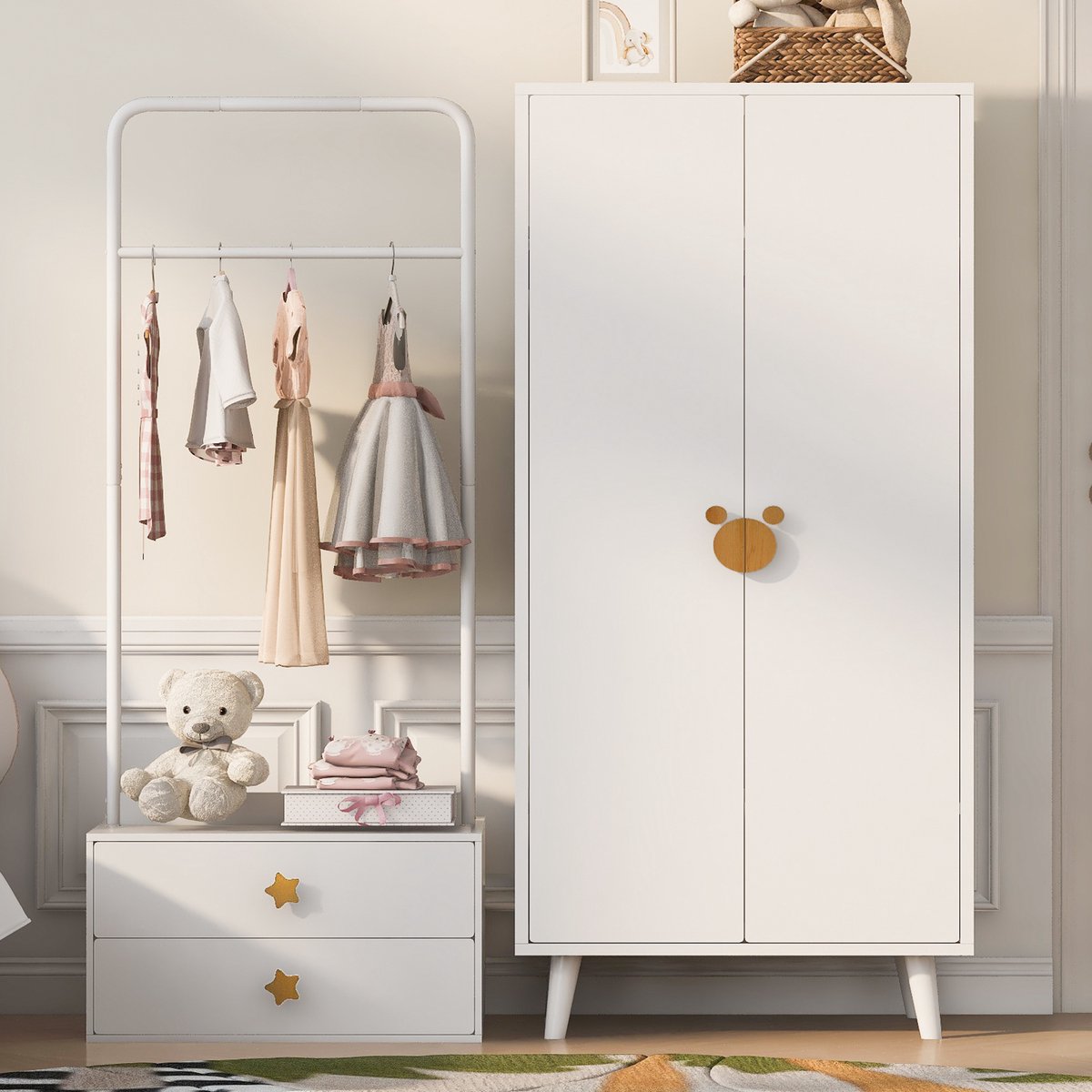 VVBV Kledingkast 140x55x170 cm – Opbergruimte en Lades – Modern Design – Voor Slaapkamer – MDF – Wit