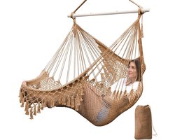 Super Grote Hangmat Stoel, Zacht Gesponnen Katoenen Touw Weven, Opvouwbare Sterke Metalen Spreader Bar, Brede Seat Lace Stretch Swing, Indoor/Outdoor Tuin Yard Thema Decoratie