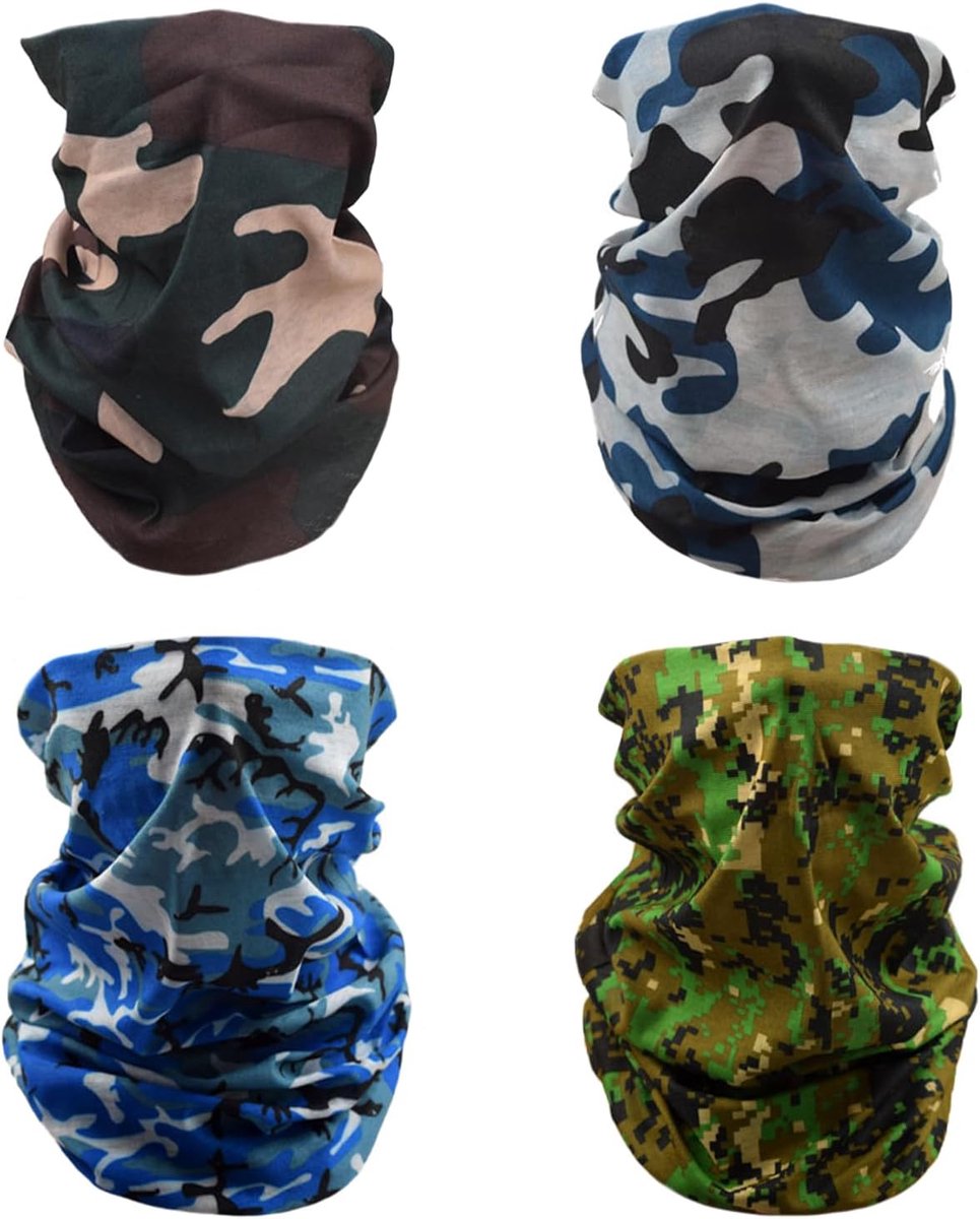 4 stuks multifunctionele hoofdbedekking, gezichtsmasker voor mannen en vrouwen, multifunctionele bivakmutsen, winddichte halsdoek, snoods voor mannen, gezichtsbedekking, brede hoofddoeken