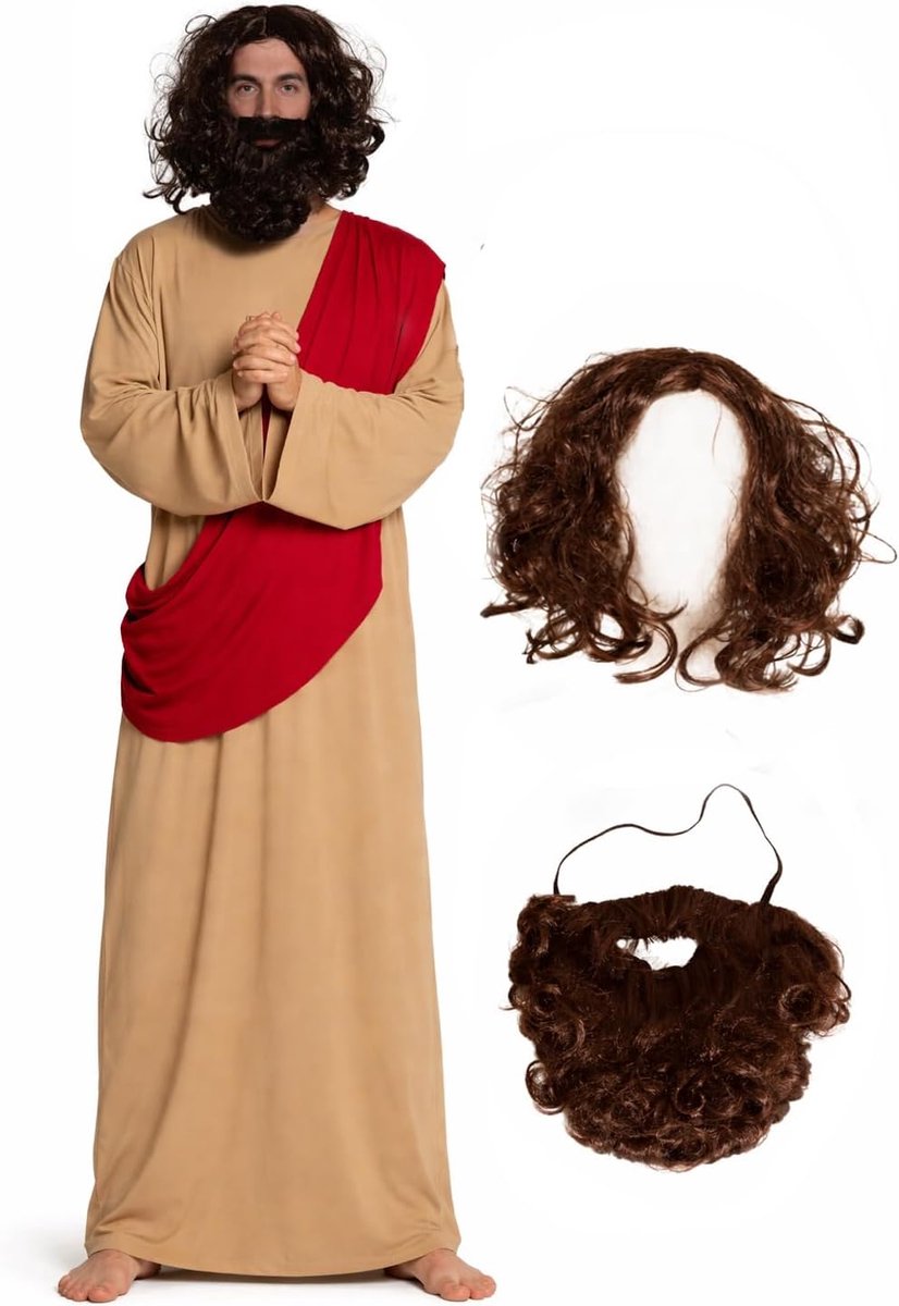 Jezus Christus Kostuum voor Heren 3-Delig Tuniek met Ingenaaide Sjaal, Pruik & Baard Profeet Carnavalskostuum Heren Halloween Religieuze Kostuums Bijbel - One Size