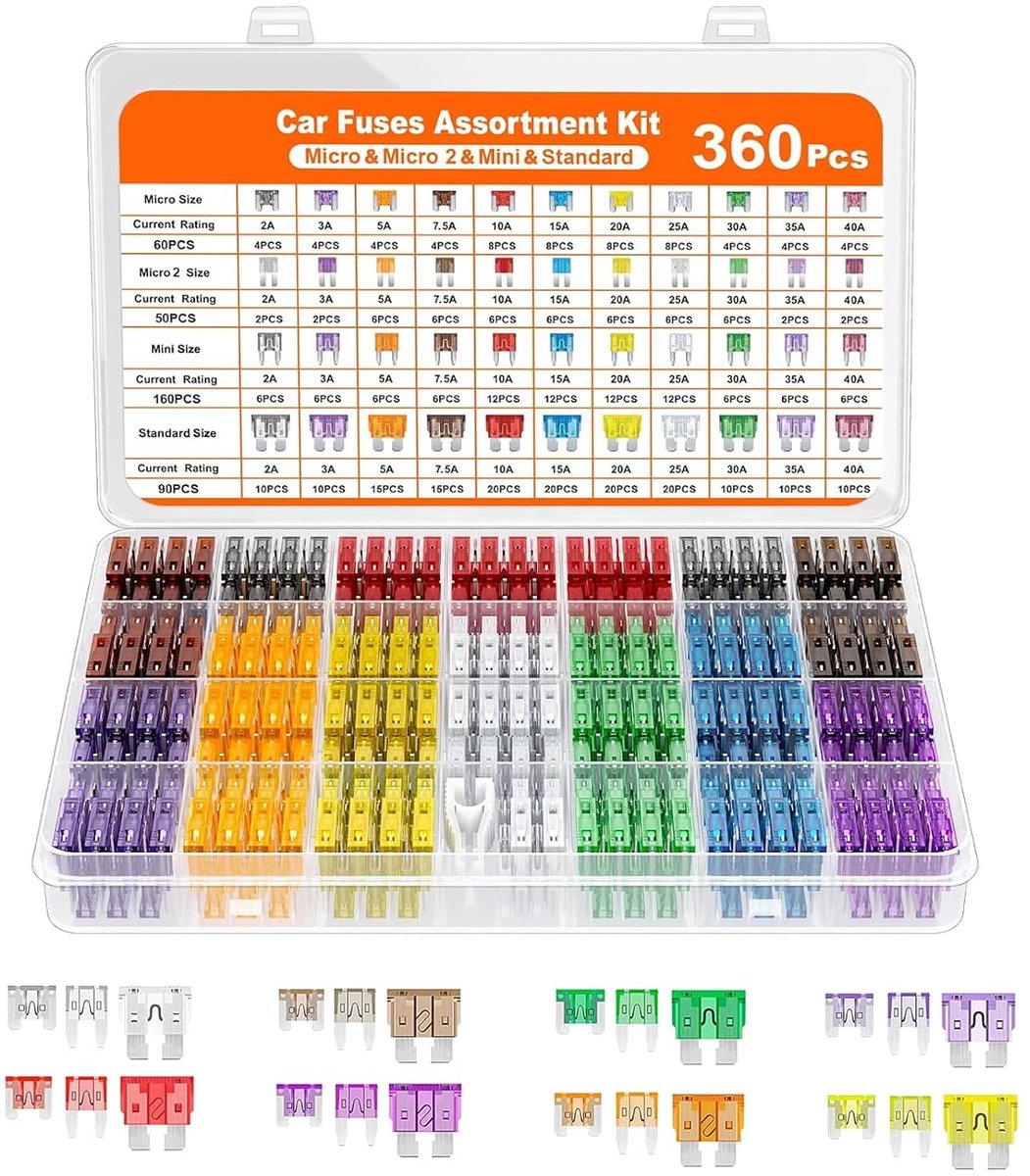 Set van 360 stuks, gemengd, set voor autozekeringen, 2A, 3A, 5A, 7,5A, 10A, 15A, 20A, 25A, 30A, 35A, 40A, mini-platte zekeringen, standaard en micro-zekeringen, voor auto, motorfiets