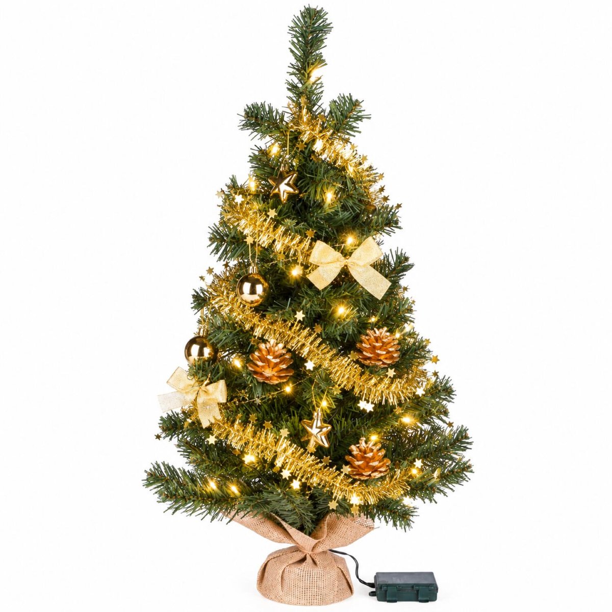 Verlichte kunst kerstboom - 75 cm - met gouden decoratie en slinger - kunstboom