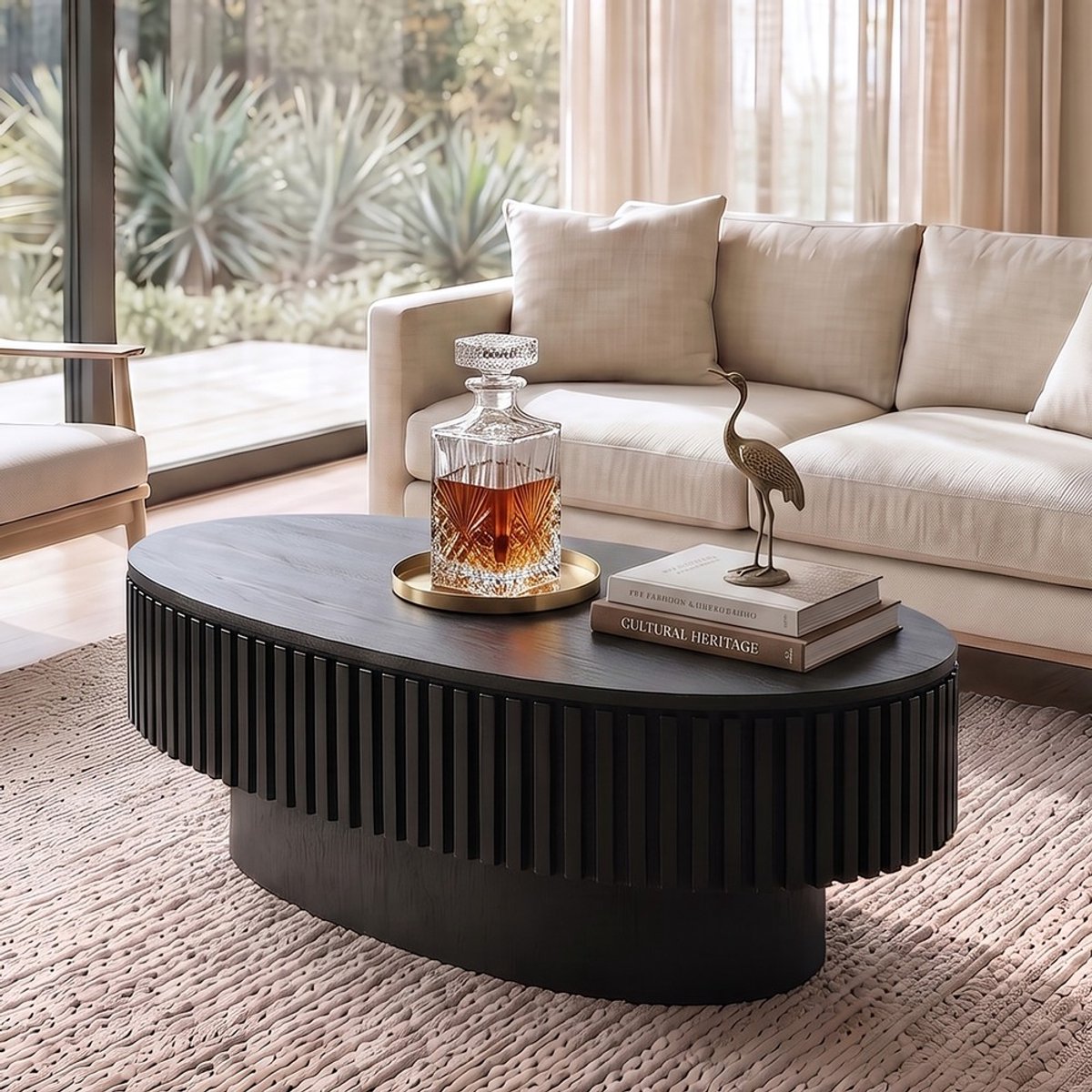KOMHTOM 98 cm ovale geribbelde salontafel met verborgen opbergruimte, massief houten gefineerde moderne cocktailtafel, in 5 minuten eenvoudig te monteren accenttafel voor de woonkamer, slaapkamer, appartement of kantoor, matzwart